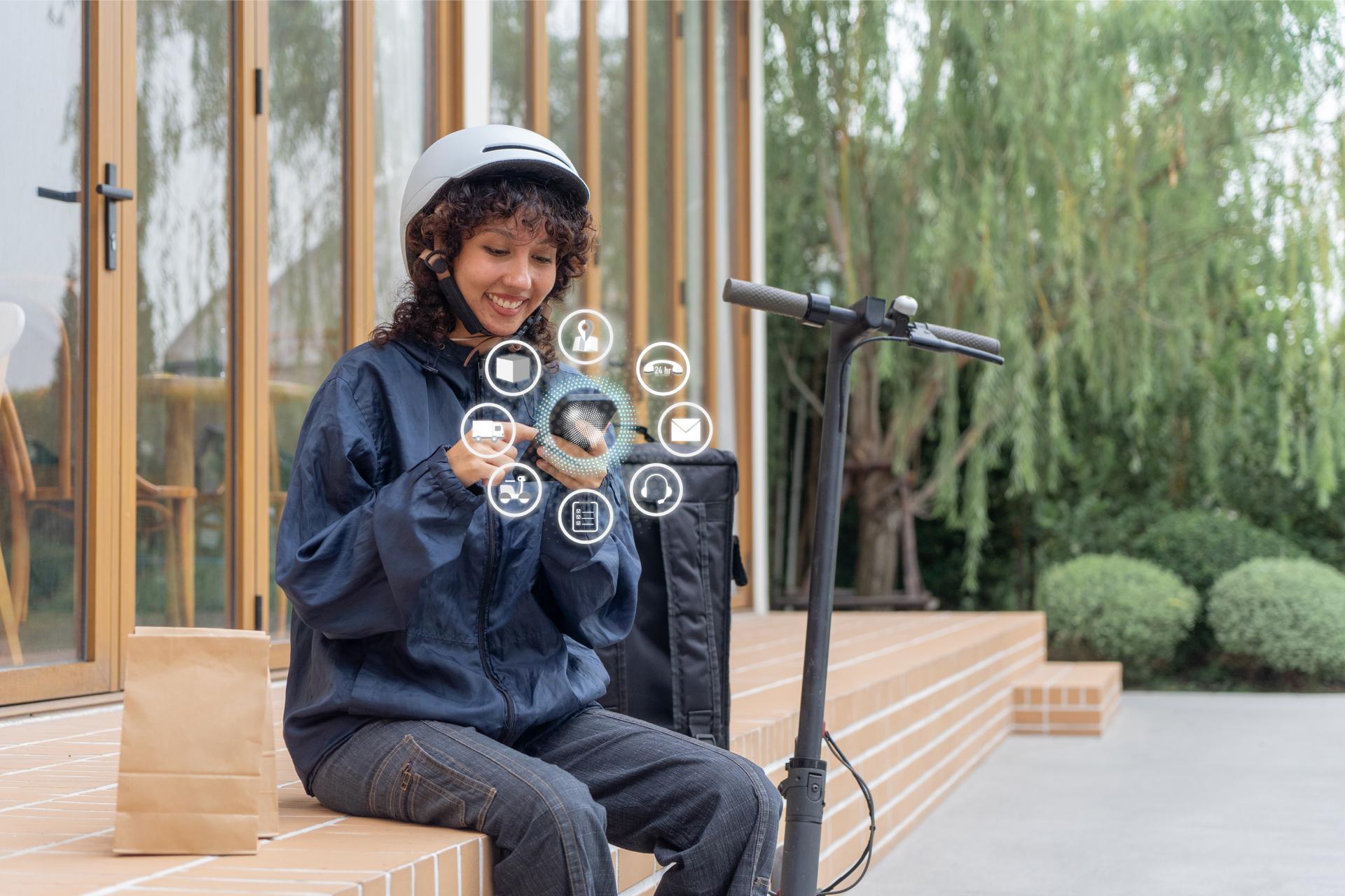 Delivery woman using Ai chat for working