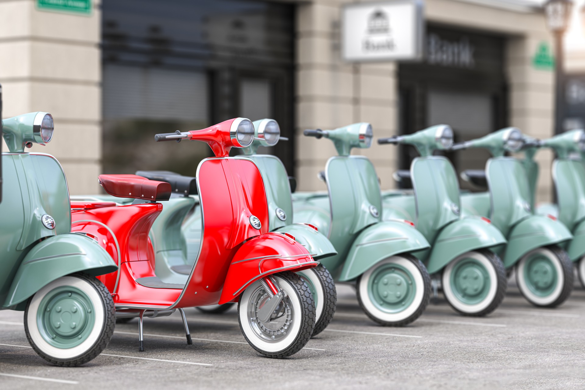 Vintage moped scooter in row on a parking of the city.